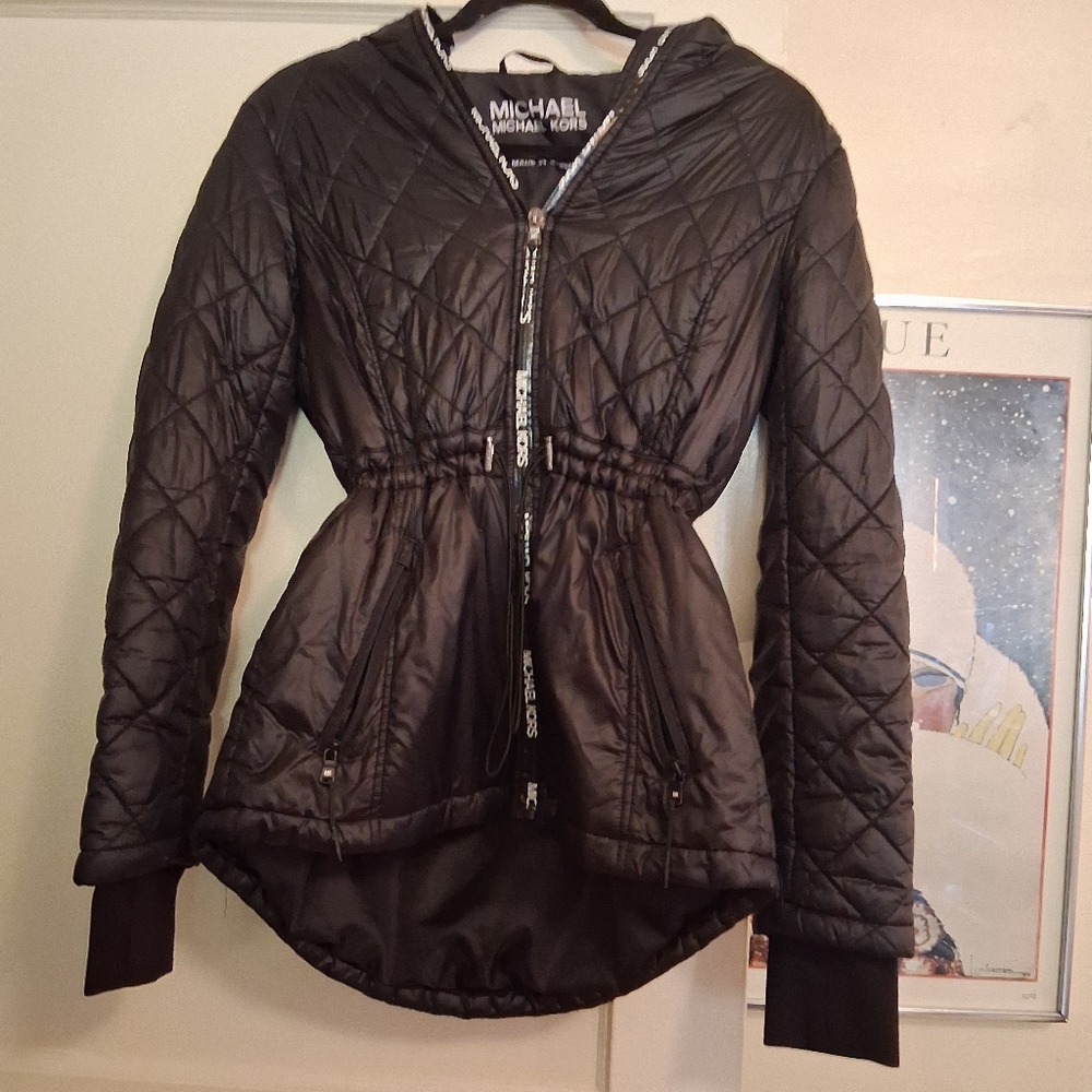 Michael Kors  Black Quilted Puffer Jacket Cinch Waist Hooded Coat Women’s Sz S